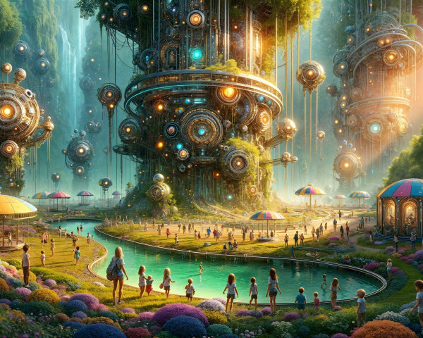 Futuristic landscape with vibrant structures and greenery
