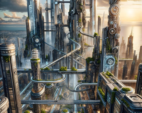 Futuristic cityscape with skyscrapers and greenery