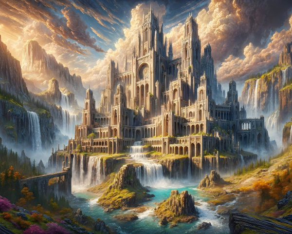 Majestic castle on a hill with waterfalls and flora