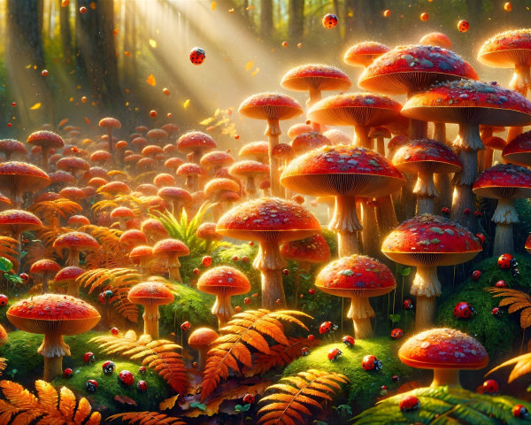 Vibrant forest scene with red mushrooms and sunlight