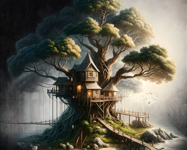 Whimsical treehouse by a serene shoreline with boats