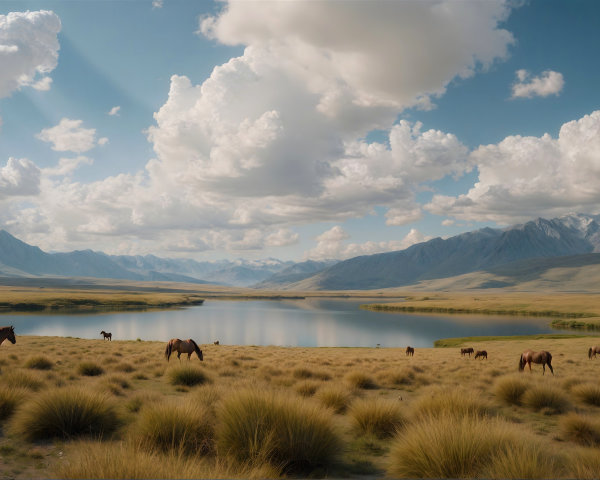 Serene Landscape with Lake, Hills, and Grazing Horses