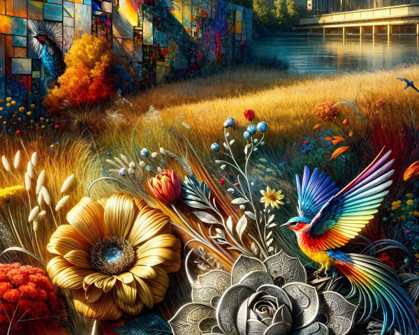 Vibrant Mural Blending Nature and Urban Life