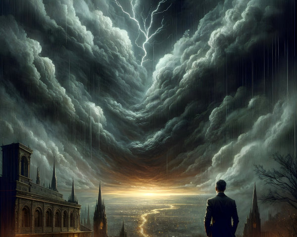 Figure on Platform Overlooking Stormy Cityscape
