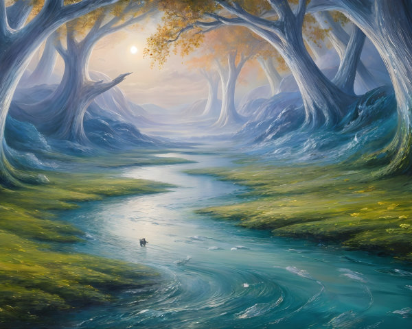 Serene Landscape with Winding River in Enchanted Forest