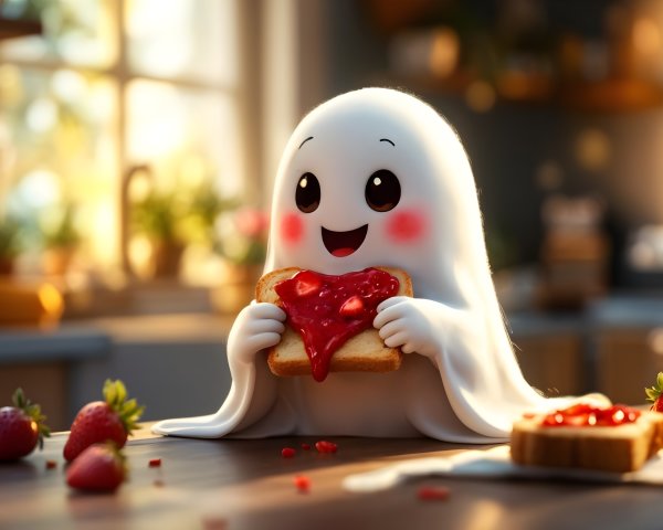 Cheerful Cartoon Ghost at Kitchen Table with Toast