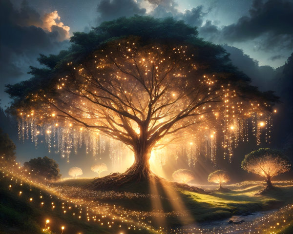 Majestic tree with twinkling lights in serene landscape