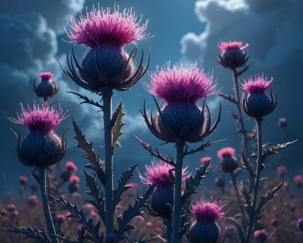 Field of Thistles Under a Full Moon at Night