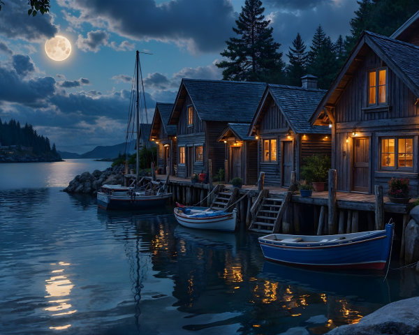 Lakeside Night Scene with Cabins and Moon Reflection