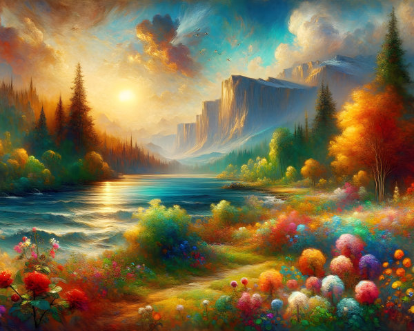 Vibrant Landscape with River and Sunset Over Mountains
