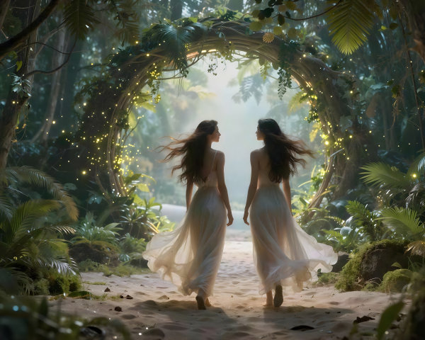 Women in Light Dresses Walking Through a Magical Forest