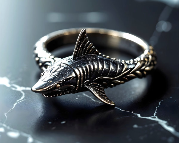 Shark-shaped metal ring with polished finish and waves
