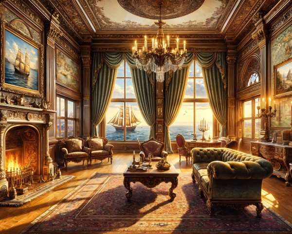 Opulent vintage room with wooden paneling and chandelier