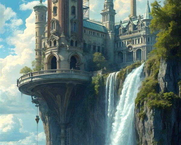 Castle on a Cliff Surrounded by Nature and Waterfall