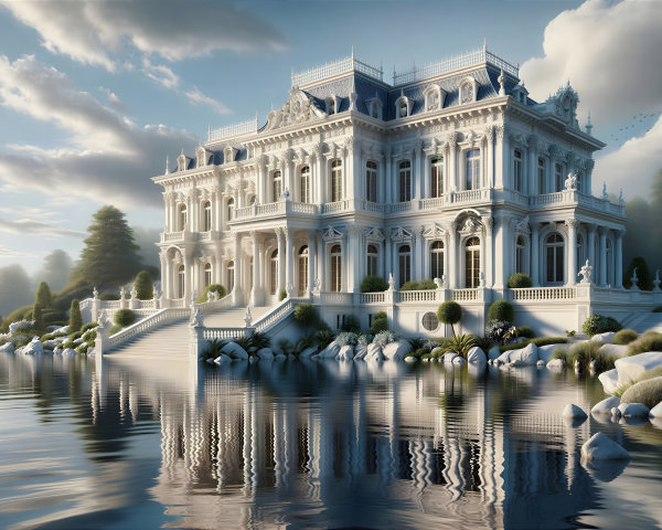 Neoclassical White Mansion by Serene Water Body