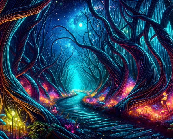 Whimsical Forest Path with Vibrant Trees and Glow