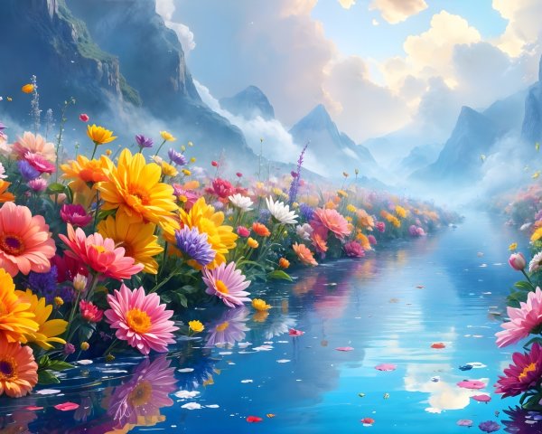 Vibrant Flower Landscape with Serene River and Mountains