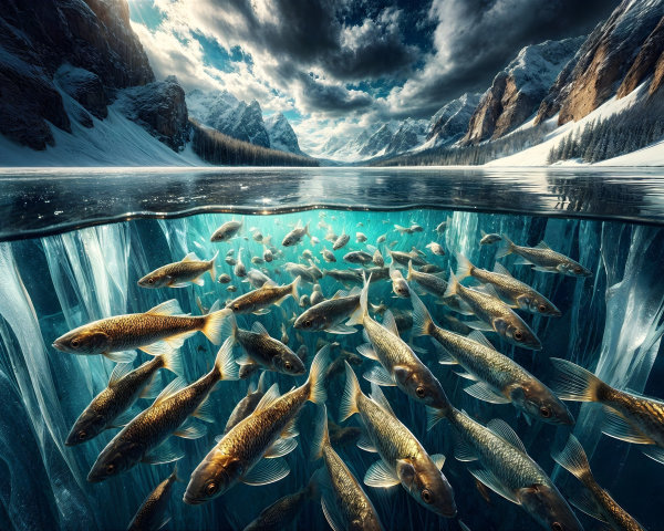 Golden Fish in Pristine Mountain Lake with Snow Peaks