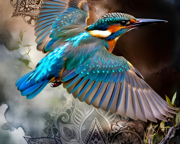 Vibrant Kingfisher Bird in Flight with Mandala Background