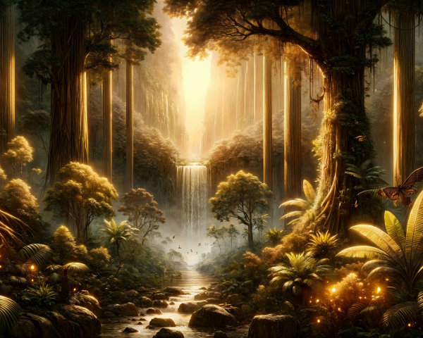 Mystical Forest with Golden Light and Waterfall