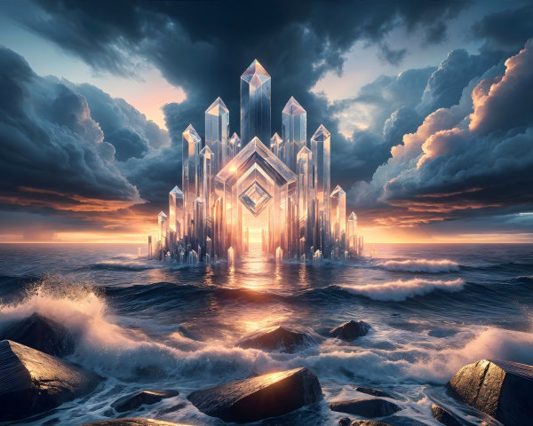 Crystal Fortress Amidst Ocean Waves at Sunset