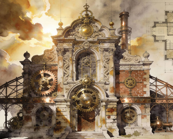 Steampunk Watercolor of an Ornate Clockwork Factory