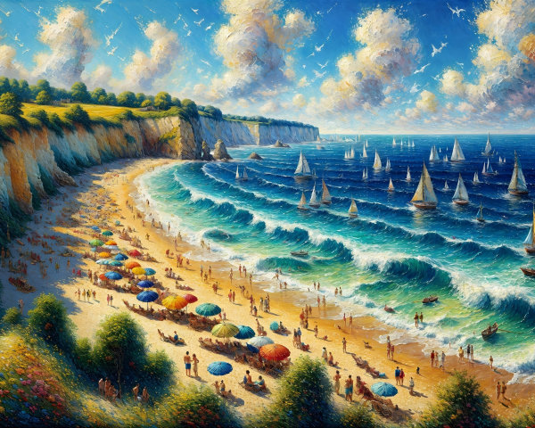 Vibrant Seaside Scene with Colorful Umbrellas and Sailboats