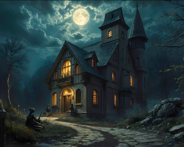 Victorian Mansion Under Full Moon with Eerie Atmosphere
