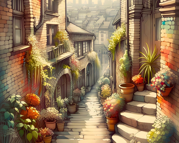 Vibrant Artwork of Cobblestone Stairway and Brick Buildings