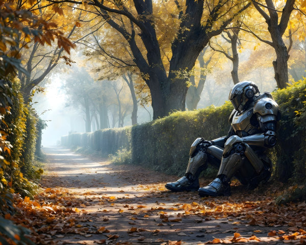 Robot Amidst Autumn Foliage on a Serene Path