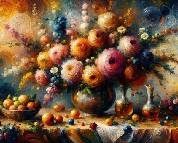 Vibrant Still Life with Colorful Flowers and Fruits