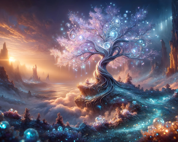 Majestic Tree with Ethereal Orbs at Sunset Over Mountains