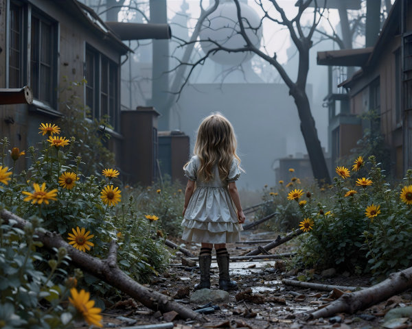 Misty Path with Sunflowers and Eerie Surroundings