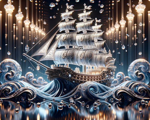 Ornate ship with sails amidst shimmering waves and chandeliers