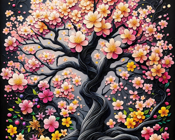 Blooming Tree Artwork with Vibrant Flowers and Depth