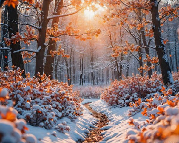 Winter Landscape with Snow-Covered Forest Path