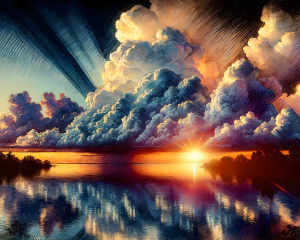 Vibrant Sunset Over Calm Water and Silhouetted Trees