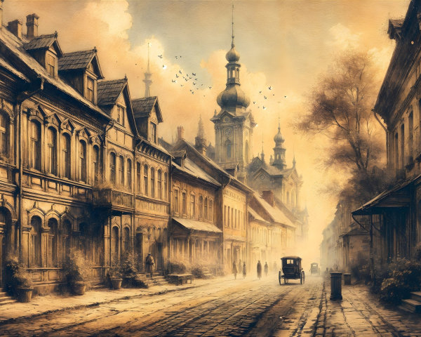 Vintage Street Scene with Warm Golden Hues