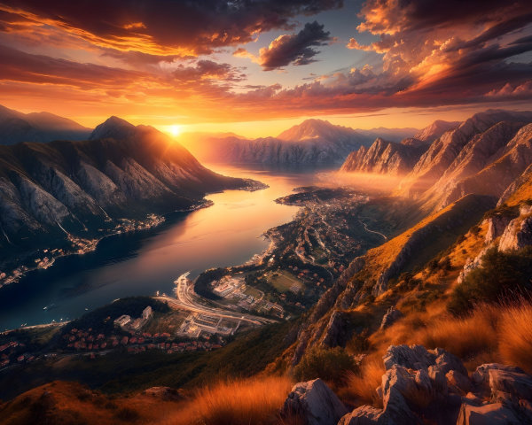 Breathtaking Sunset Over Mountainous Landscape and Lake