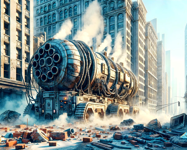Futuristic vehicle in a post-apocalyptic urban setting