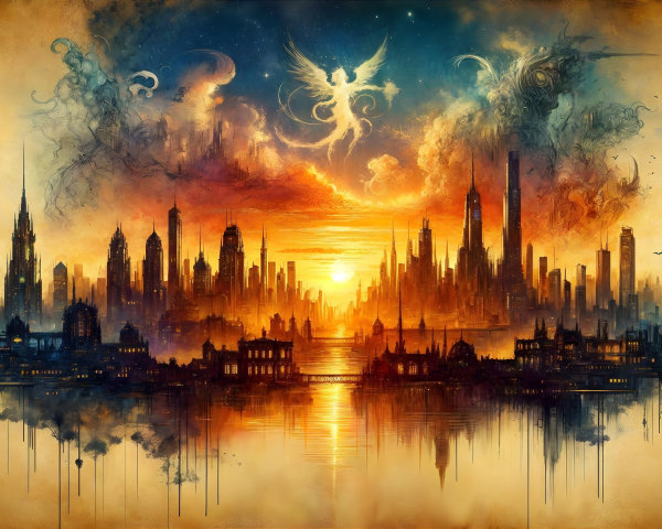 Cityscape at Sunset with Skyscrapers and Reflections