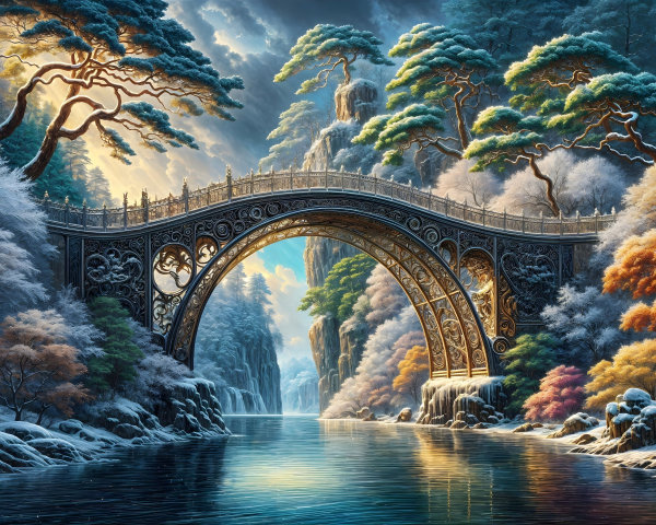 Intricate Bridge Over Serene Winter River Landscape