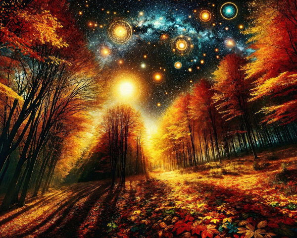Autumn Forest with Cosmic Background and Colorful Foliage