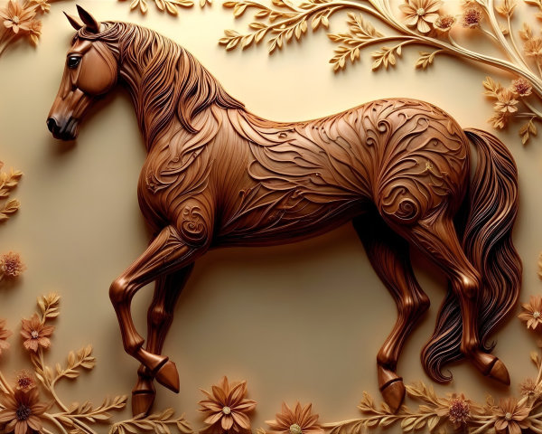 Intricately Designed Horse Sculpture with Floral Background
