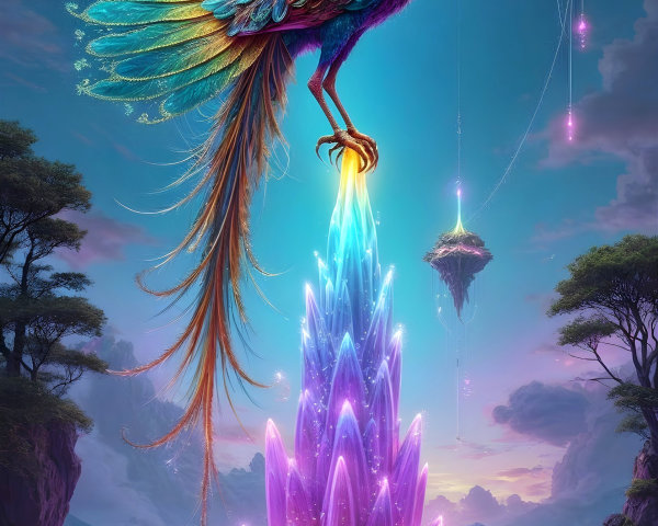 Majestic peacock on crystal formation with floating islands