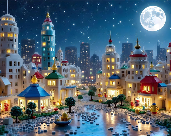 Whimsical Lego City at Night Under Starry Sky