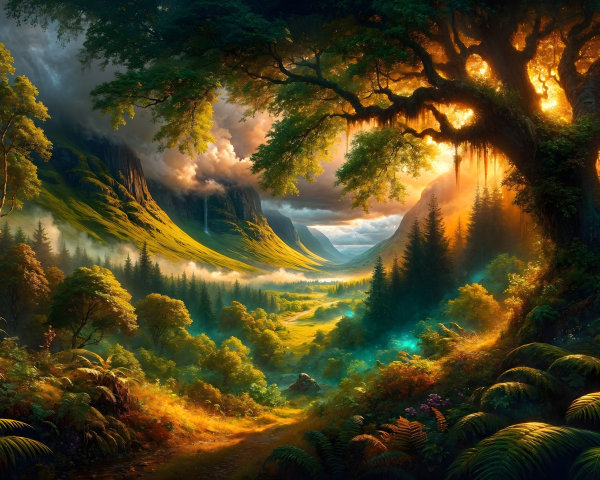 Majestic Valley Landscape Surrounded by Towering Mountains