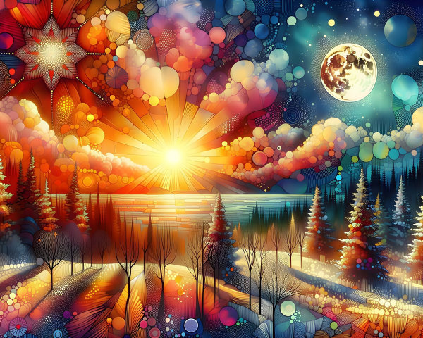 Surreal Stained-Glass Landscape with Sunset and Night Sky