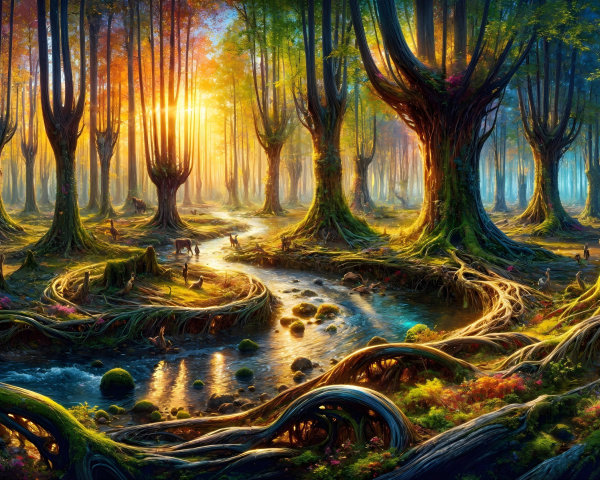 Mystical Forest with Sunlit Trees and Serene Stream