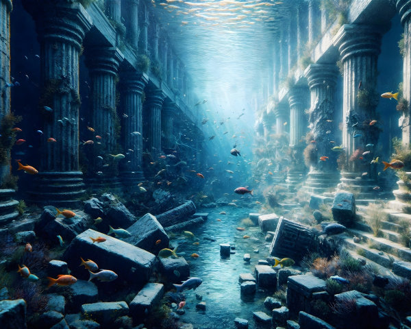 Ancient Underwater City with Vibrant Marine Life